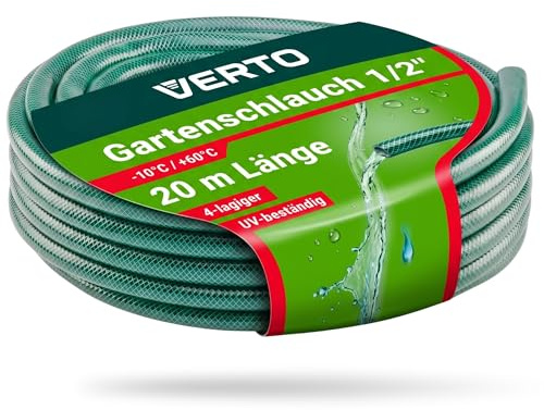 VERTO Gartenschlauch 1/2 Zoll, 20 m Länge, 4-lagiger, UV-beständig | Flexibel Schlauch, Wasserschlauch mit Anti-Algen-Innenausstattung, 24 bar Berstdruck, Grün