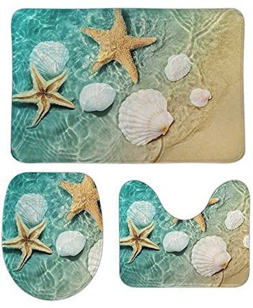 My Daily 3-teiliges Badezimmerteppich-Set Muscheln Seestern Farbverlauf Maritim Strand WC Konturmatte Deckelbezug rutschfeste Badematte