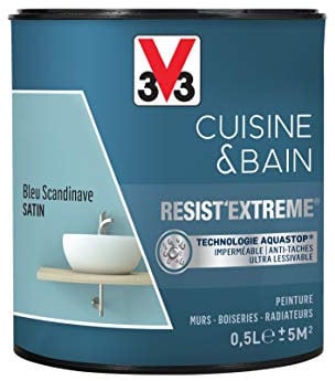 V33 Peinture multi-supports monocouche Cuisine & Bain Resist'Extrême® Satin, Bleu scandinave, 0,5L