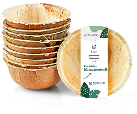 Wiseware Lot de 25 bols jetables en feuille de palmier biodégradables - Vaisselle jetable en feuilles de palmier - Vaisselle de fête biodégradable - Vaisselle jetable bio