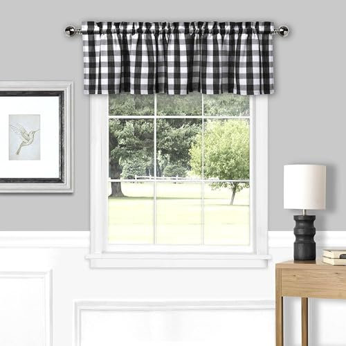 Amzdecor Schwarz-weißes Buffalo Plaid Volant Leinen Sheer Cafe Vorhang Büffel Karo Karo Stange Tasche Rustikal Küche Fenster Behandlung für Wohnzimmer Schlafzimmer 1 Panel, 140 x 38 cm