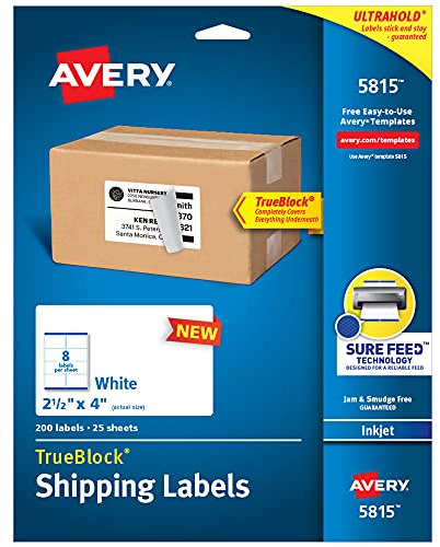 Avery Printable Blank Shipping Labels, 2.5 x 4, White, 200 Labels, Inkjet Printer, Permanent Adhesive (5815)