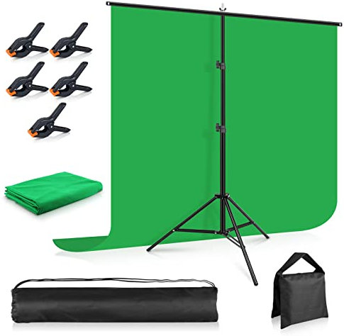 Greenscreen Hintergrund mit Ständer 1.5 x 2 m/5x6.5 ft, Foccalli Fotografie Ständer mit Chromakey Musselin-Hintergrund, 5 Backdrop-Clips und Sandsack
