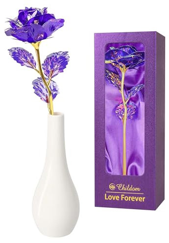 Childom Birthday Gifts for Women,Christmas Rose Gifts For Women Her Mum,Purple Rose Flower With Vase,Valentines Present,Purple Flowers for Grandma Wife Girl Anniversary Christmas Wedding Engagement