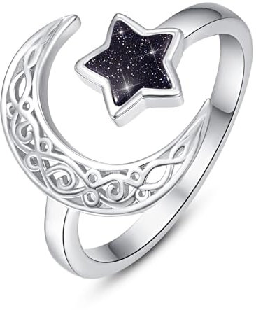 KINGWHYTE Keltischer Knoten Ring 925 Sterling Silber Mond und Stern Ring für Frauen Celtic Adjustable Ringe Schmuck Geschenk für Mädchen Mama Großmutter Freundin