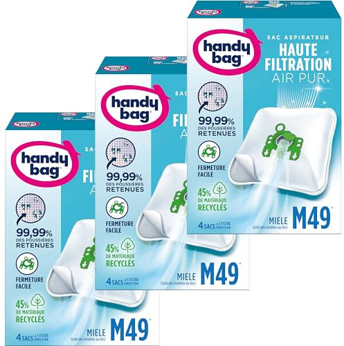 Handy Bag - Sacs aspirateur M49 x4sacs - Compatibles Miele, Hoover - 99,99% des poussières retenues - Fermeture facile - Filtre anti-allergène - 45% de matériaux recyclés LOT DE 3