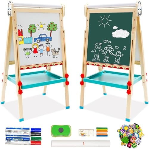 Chevalet Peinture Enfant Double Face en Bois - avec Rouleau de Papier Tableau Blanc et Tableau Noir avec Chiffres et Autres Accessoires,Convient aux Filles et aux Garçons âgés de 2 à 8 Ans