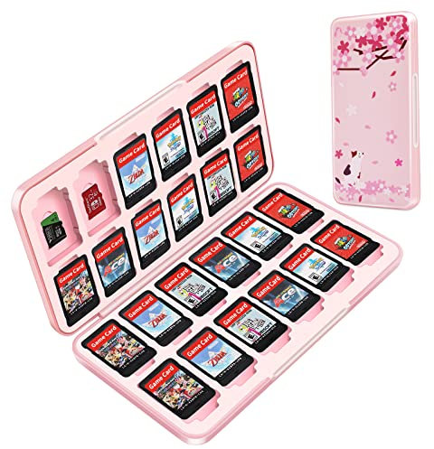 OLDZHU Süßes Rosa Aufbewahrungsbox für Spiele Kompatibel mit Nintendo Switch Game Card,Game Case für Nintendo Switch OLED mit 24 Spielkartenfächer und 24 Micro-SD-Kartenslots,Hartschalen-Weichgummi
