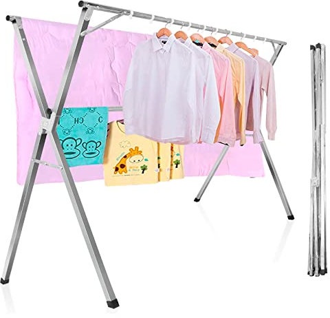 BQKOZFIN 2.4M Retractable Stainless Steel Clothes Drying Rack with 20 PP Windproof Hooks Free Installed Folding Garment Rack for Home, Silver