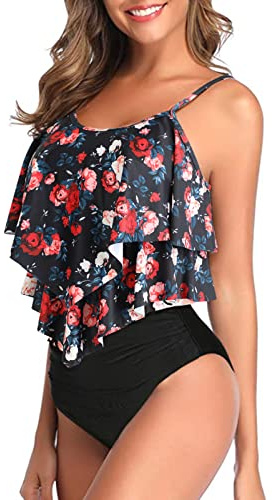Genfien Maillot de Bain 2 Pièces pour Femme Haut à Volants | Short Taille Haute,Push Up,Bretelles Réglables,Bikini,Beachwear,Été