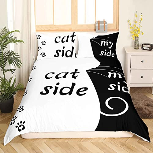 Katzenseite Und Meine Seite Bettwäsche Set 155 x 220 Kawaii Katze Bettbezug für Paare Frauen Mädchen Schwarz und Weiß Süßes Kätzchen Bettbezug Modernes Romantisches Thema Schlafzimmer Dekoration