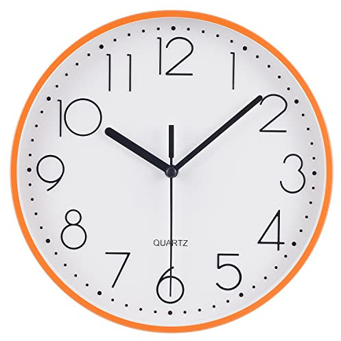 Topkey 22,9 cm leise runde Wanduhr mit arabischen Ziffern, leicht ablesbare Uhr für Wohnzimmer, Schlafzimmer, Schule und Kindergarten, Batterie nicht im Lieferumfang enthalten, Orange