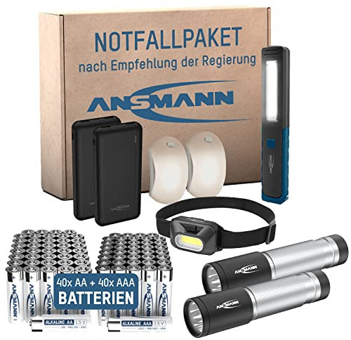 ANSMANN Blackout Stromausfall Notfallset Couple: 2x Powerbank, 2x Orientierungslicht, 1x Standleuchte, 2x Taschenlampe, 1x Kopfleuchte + Vorratspack Batterien 40x AA 40x AAA für ca. 1 Woche
