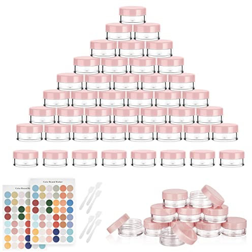 Flintronic 64 Stück Döschen, 5ml Plastik Döschen, Leerdose klarer Tiegel, Cremedose Leer Transparent Tiegel mit Spatel und Etikett,Reise Töpfchen Döschen Set für Mini-Kerzen Kosmetik, Hellrosa