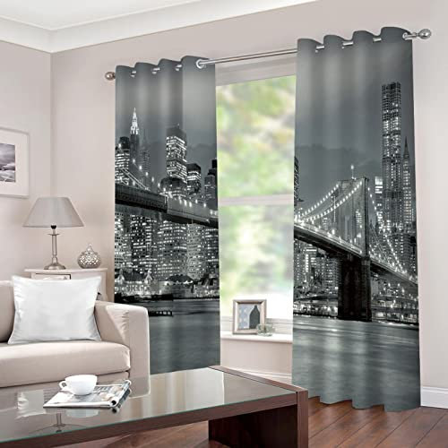 Fenster Vorhang Schlaufen-Vorhang 2 Stück x 110 B x 215cm H Schwarz & New York City Bridge Dekorative Gardine Schlaufenschal Fenster-Schal