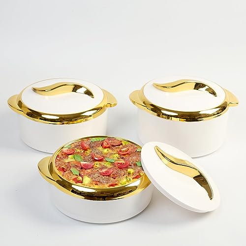 Hywisnok Lot de 3 cocottes thermiques de luxe avec couvercles, récipient isotherme en acier inoxydable pour aliments chauds et froids, bol de service pour buffets/fêtes Blanc 1,4/1,8/2,3 l