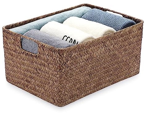 IGNPION Seagrass Storage Opened Basket Living Room Decorative Basket Woven Wicker Towel Basket Desktop Basket Rectangular Bathroom Storage Organiser Box, Shelves & Desks Multipurpose Storage Hamper, L