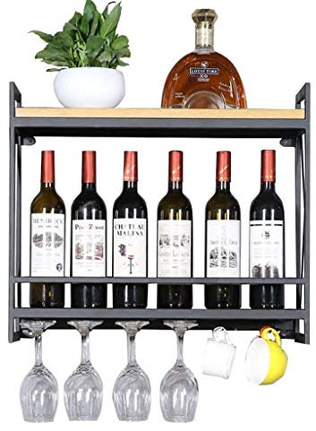 Portabottiglie da Parete in Ferro battuto per Bar Portabicchieri da Vino in Legno Portabottiglie Portabicchieri da Parete Cantina per Vini Mensola da Parete a Forma di cubo, 60 * 20 * 52cm Made in