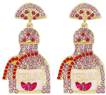 Champagner-Ohrringe für Frauen - Perlenbesetzte Flasche, Margarita, Tequila, Kristallweinglas - Hängende Party-Schmuck Geschenke (E)