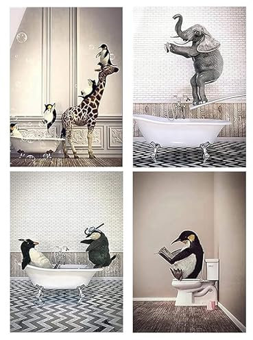QPLGTU Badezimmer Haus Hintergrund Wanddekoration Poster, Schwarz und weiß Hochland Vieh Tier Dekoration Fotos Tapete, lustige Tier Druck Poster, Rahmenlos (Badezimmer Tier 3, 50x70cm*4)