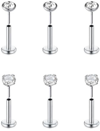 FECTAS 6 Stück gewindelose Push-In Lip Bars Labret Stud Piercing Edelstahl 16G 6mm Tragus Knorpel Helix Ohrring Piercing Schmuck Silber 3mm CZ