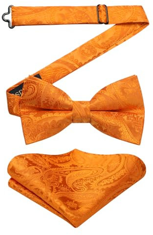 HISDERN Fliege Herren Orange mit Einstecktuch Paisley Fliegen Vorgebunden Anzug Fliege und Taschentuch Set Hochzeit Schleife für Männer