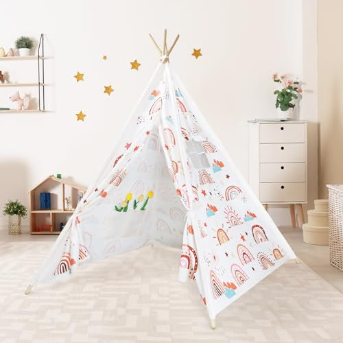 decalsweet Tipi Zelt für Kinder mit Kieferpfahl & Holz Stabilisierung & Niedliche Muster, Kinderzelt für Drinnen und Draussen, Zelt Kinderzimmer Spielzelt für Mädchen Jungen Bohemian Regenbogen Beige