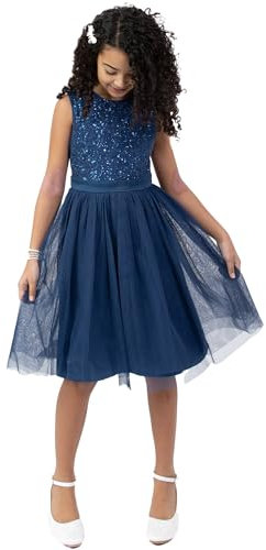 Maya Deluxe Mädchen Paillettenverziertes Hochzeit Und Geburtstag Festlich Mit Bandschleife Brautjungfernkleid Kleid, French Navy, 7-8 Jahre EU