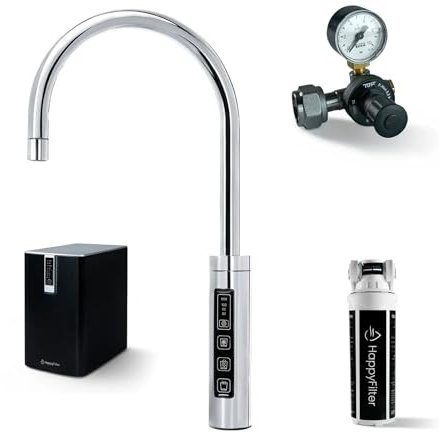 HappyFilter FizzRed Wassersprudler Wasserkocher | gekühlt | gesprudelt | kochend| 3in1 Touch Chrom Wasserhahn | Kalkfilter | Wasserspender | Büro | Küche | Festwasseranschluss | 2kg CO2 Adapter