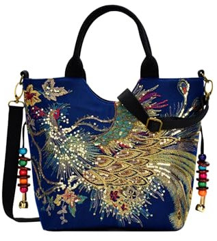 Fiorky bestickte Canvas-Tasche, Ethno-Stil, Damen-Umhängetasche, Pfauen-Stickerei, Canvas-Umhängetasche, lässige Damen-Perlen-Anhänger, modische Handtaschen, Tragetasche, Hobo-Umhängetasche