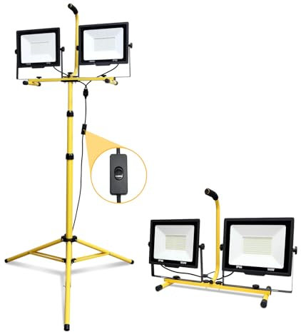 PICAA 200W(2 * 100W) Foco LED con Trípode Telescópico, 6000K Luz de Trabajo Portátil con Enchufe, Interior y Exterior Proyector Led para Taller, Obra de Construcción, Garaje, Jardín