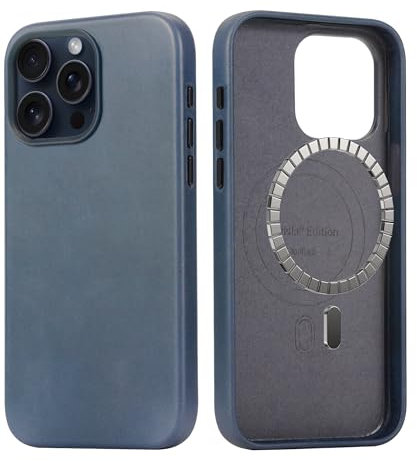 LONLI Edition | Italienisches Leder – für iPhone 15 Pro – hochwertige italienische Vollnarbenleder-Handyhülle – Entwicklung einzigartiger Patina – Azurblau