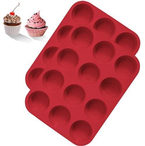 Leseed 2 Pièces Moule Muffins Silicone - Moule Silicone Muffin Sans BPA, Antiadhésif et Facile à Démouler - Réutilisable Moule Cupcake Peut 12 Cupcakes, Compatible Lave-Vaisselle (Rouge)
