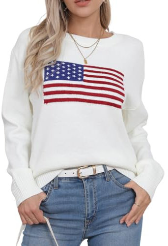 Drvitor Damen-Pullover mit amerikanischer Flagge, langärmelig, Rundhalsausschnitt, gestrickt, lässiger Pullover, 971-Beige Weiß, Klein