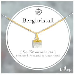 Bixorp Bergkristall Chakra Halskette – Handgefertigter Bergkristall Anhänger – Vergoldete Edelstahlkette auf Geschenkkarte mit Geschenkumschlag – (36 cm + 8 cm verstellbar)