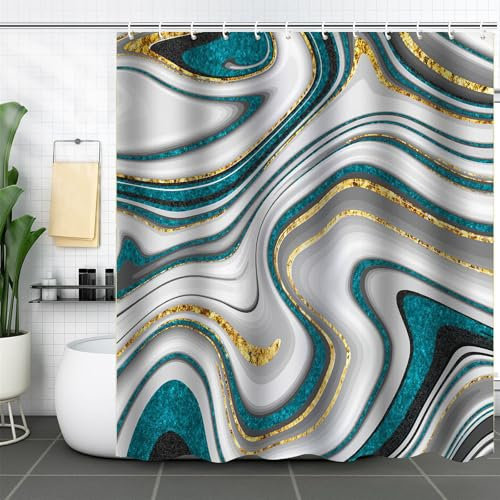 FAIRYGATE Decoration Salle de Bain Rideau Douche Effet Marbre Rideau de Baignoire Anti Moisissure Imperméable Tissu Polyester Lavable avec 12 Crochets 180Lx180Hcm B9023