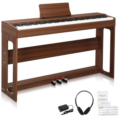 LEADZM Piano Numérique 88 Touches, Clavier Entièrement Lesté, Piano Électrique avec Double Bluetooth et Haut-Parleurs Stéréo, 128 Sonorités et Rythmes, Système à 3 Pédales, Noyer Noir