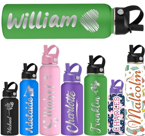 ShAxzHen Personalised Water Bottles for Kids with Straw Lid 40/32/24/18/12oz Custom Insulated Water Bottle Stainless Steel with Name Logo Customised Engraved Cups for School Sport Gym Icon Green