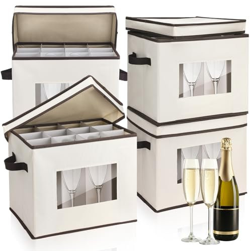 Uiifan Weinglas-Aufbewahrungsbox mit Trennwänden, 12 Fächern, Stielgläser-Aufbewahrungsboxen, China-Behälter mit Deckel und Griff zum Umzug, Weiß, Champagen-Flötengröße, 4 Stück