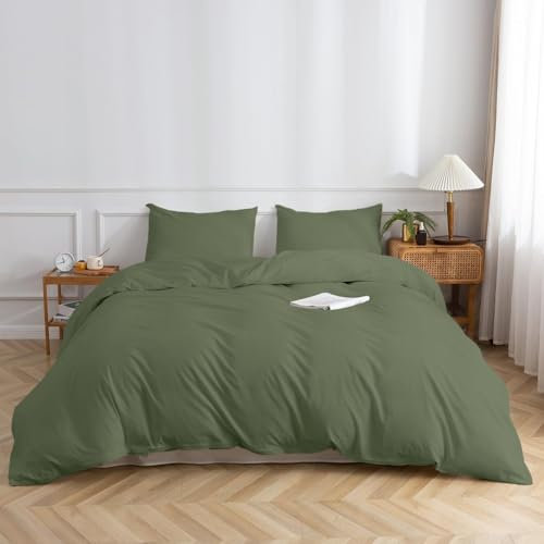 KAZAMI Double Duvet Cover Sets, Army Green Bedding Set With 2 Pillowcases, Ultra Soft Breathable Easy Care Quilt Cover Set with Hidden Zippers (Army Green, Double)