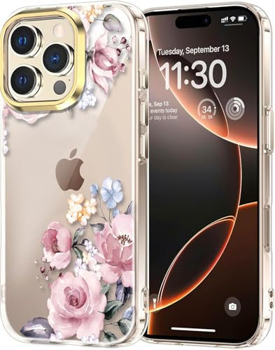 luolnh Case for iPhone 16 Pro for Women Girls,Cute Clear Floral Pattern Hard Back Phone Cover for iPhone 16 Pro 6.3 inch 2024-Diagonal Pink Bloom