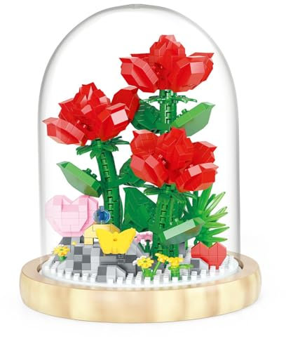 Kit De Construction De Fleurs Bouquets De Roses Rouges Avec Jouets De Construction Lumineux Avec Housse Anti-PoussièRe Pour DéCoration De Bureau Cadeaux De NoëL Saint-Valentin Pour Elle 685 PièCes