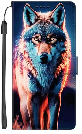 EuoDuo Kompatibel mit iPhone 6 / iPhone 6S Hülle zum Klappen PU Leder Handyhülle Brieftasche mit Tier Motiv Magnet Klapphülle Flip Schutzhülle Cover - Buntes Wolf