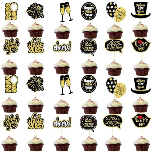 24 Stück Silvester Deko 2025, 2025 Frohes Neues Jahr Kuchen Deko Cake Toppers Silvester Party 2025 Happy New Year Tortendeko Silvester Cupcake Toppers für Neujahrsdeko Silvester Tischdeko