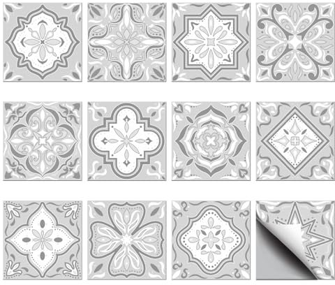 CHGCRAFT 36 autocollant pour Carrelage à Peler et Coller Motif Mandala Gris 12 styles Imperméable Carré avec Motif Floral pour Cuisine Salle de Bain Chambre à Coucher Décoration Murale Cheminée