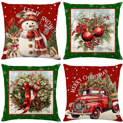 ZJILIXIA 4 Stück Weihnachten Kissenbezüg 40x40 cm,Weihnachtsdeko Kissenbezug,Dekokissen,Leinen Kissenhülle Weihnachten,Weihnachtsdeko Für Wohnzimmer Schlafzimmer Sofa Decorations (Rot-1)