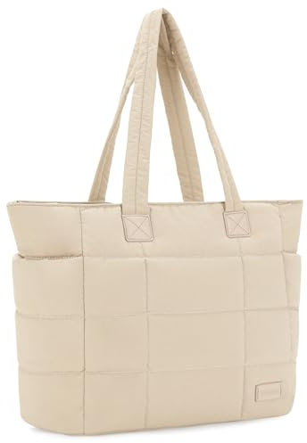 VASCHY Tote Bag for Women, Lightweight Quilted Puffer Work Tote with Laptop Compartments Large Puffy Handbag for Nurse/Teacher/Travel/Gym Apricot