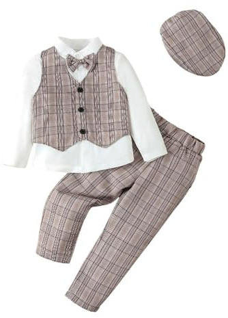 Lito Angels Baby Jungen Anzug-Set | 3-teilig: Anzug mit karierter Weste, Hose und Hut,Hochzeit, Kommunion
