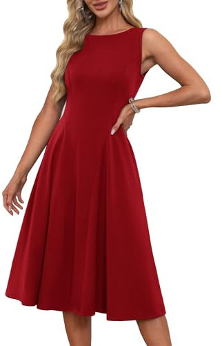 Damen Elegante A-Linie Slim Fit Cocktailkleid 1950er Vintage Retro Midi Kleider Ärmelloses Rockabilly Kleider mit Taschen Rot M
