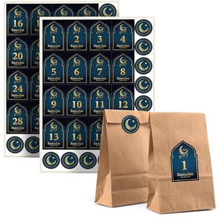 Ramadan Kalender zum Befüllen – 30 Eid Mubarak Tüten, Ramadan Zahlen Aufkleber 1-30 und Verschluss Sticker – Ramadan Geschenke Kinder und Erwachsene – Ramadan Deko mit Eid Mubarak Sticker gold - BLAU